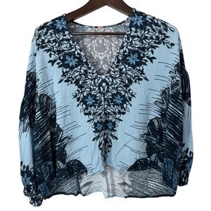 Free People Birds of A Feather Light Blue Floral Print Button Front Blouse Small